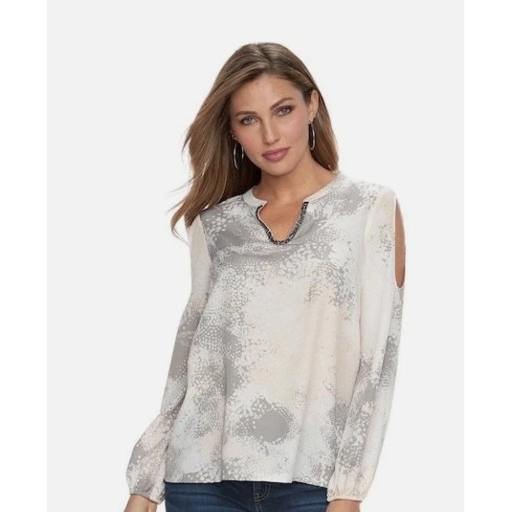 New Juicy Couture size XL Gray Tan Abstract V neck Cut Out Sleeve Blouse Office